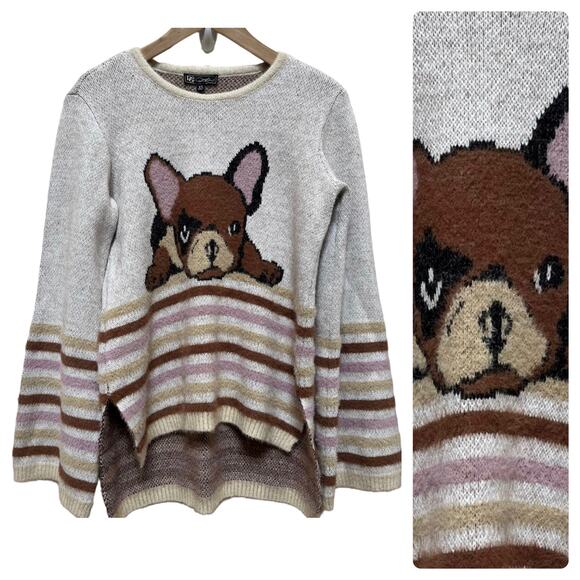 DG2 Diane Gilman French Bulldog Fuzzy Pullover Sweater Size XS Oversized - Picture 1 of 12